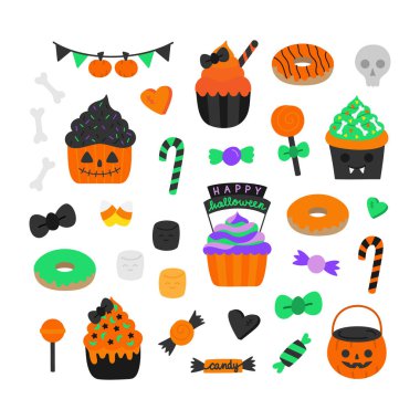 Halloween şeker vektör el çizilmiş set. Sevimli şenlikli Cadılar Bayramı tatil tatlı çizimler; Muffins, cupcakes, donut, lolipop, şeker Mısır, çikolata, Marshmallow, şeker kalpleri.