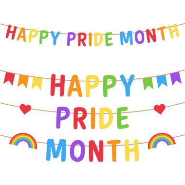 Mutlu gurur ay vektör renkli çelenk illüstrasyon. Gökkuşağı harfleri dizine asılı. Harfler, bayraklar, kalpler ve gökkuşakları ile gurur Bunting.