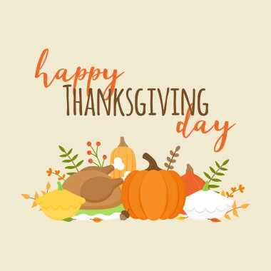 Mutlu Şükran günü sonbahar vektör grafik yazma ile illüstrasyon. Baskı veya Web için düzenlenebilir kart. Kabak, kabak, yaprakları, bitkiler ve kızarmış hindi seti. Tatil tebrik kartı.