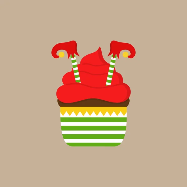 クリスマス エルフカップケーキベクトルイラストアイコン 赤いホイップクリームフロスティングとストライプの脚とジングルベルと赤いエルフの靴で飾られたかわいいチョコレートカップケーキ ベージュの背景に隔離 — ストックベクタ