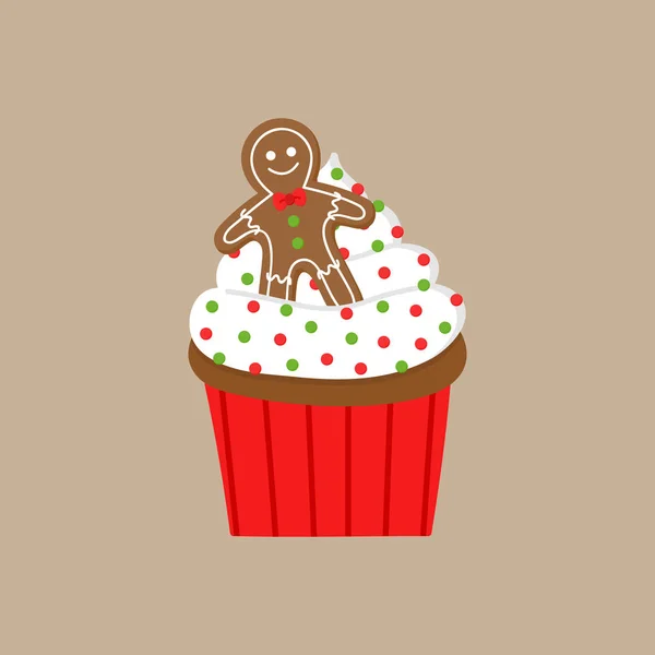 Christmas Gingerbread Cupcake Vector Illustration Icon Cute Cupcake Decorated Whipped — Stock Vector