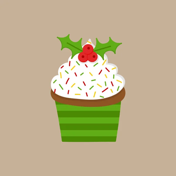 Kerst Cupcake Vector Illustratie Pictogram Leuke Chocolade Cupcake Versierd Met — Stockvector