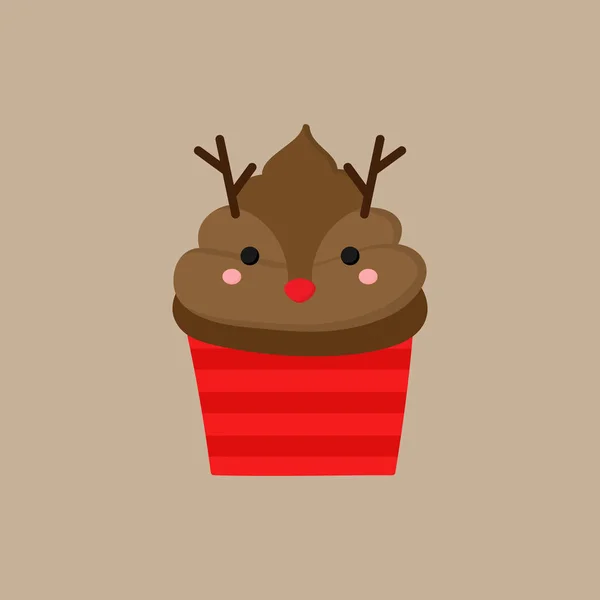 Noel Reindeer Cupcake Vektör Illüstrasyon Simgesi Çikolata Kahverengi Buzlanma Ren — Stok Vektör