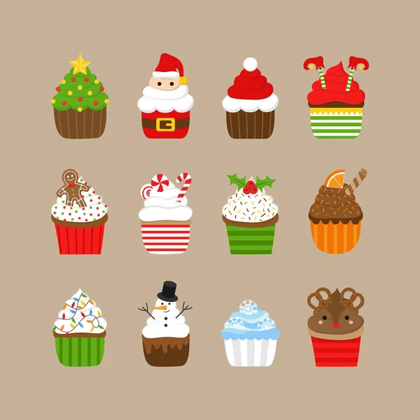 Noel cupcakes vektör illüstrasyon simgesi koleksiyonu. Tatil, buzlanma ile şenlikli dekore cupcakes. Xmas temalı karakterler, şeker ve süslemeler. Bej arka planda izole.