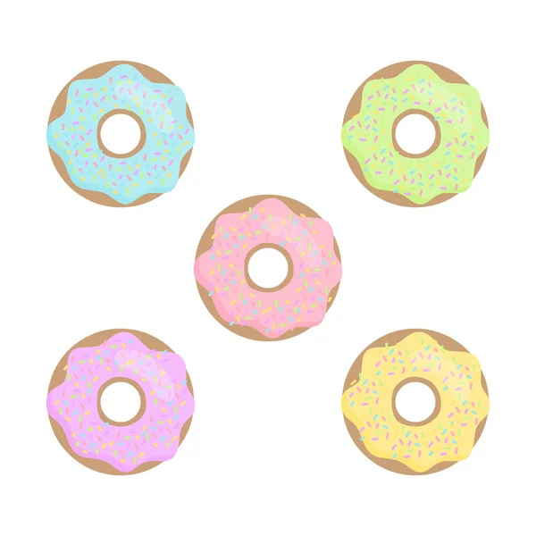 五颜六色 柔和可爱的向量甜甜圈例证 一套五个冰和洒甜甜圈 — 图库矢量图片