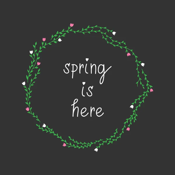 春はここにあり 葉とチューリップと手描きの花の花輪 暗い灰色の背景に分離されたベクターイラスト — ストックベクタ