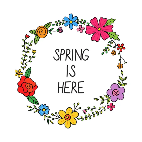Primavera Aqui Floral Colorido Coroa Vetor Ilustração Modelo Cartão Convite — Vetor de Stock