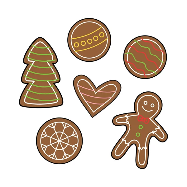 Christmas Gingerbread Cookies Vector Outlined Illustration Icon Set Festive Holiday — Stock Vector