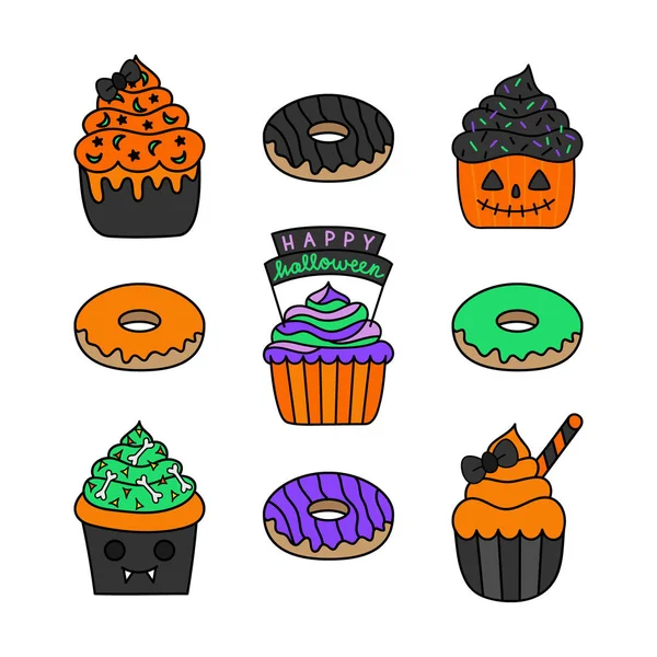 Halloween Sweet Gebak Vector Hand Getrokken Set Cute Feestelijke Halloween — Stockvector