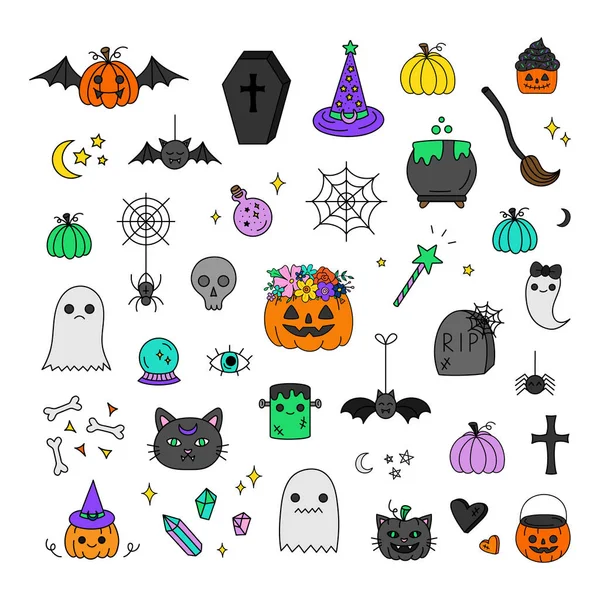 Ensemble Icône Vectorielle Dessinée Main Halloween Mignon Halloween Effrayantes Illustrations — Image vectorielle