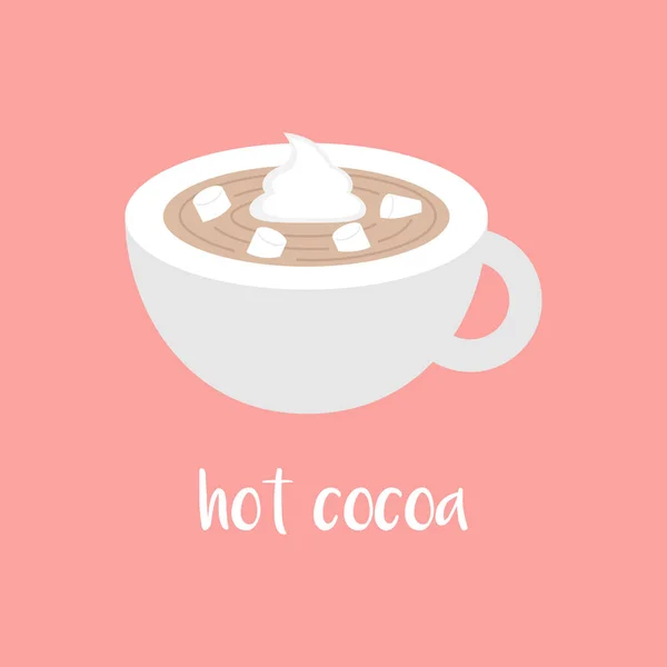 Hot cocoa in cup with mini marshmallows and whipped cream, vector illustration. Light grey mug full of warm chocolate isolated on pink background with writing hot cocoa.