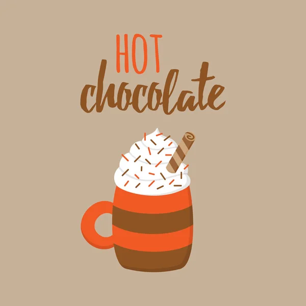 热巧克力向量图表例证与文字 冬天季节性温暖 热可可饮料在杯子与鲜奶油 洒水和甜卷 — 图库矢量图片