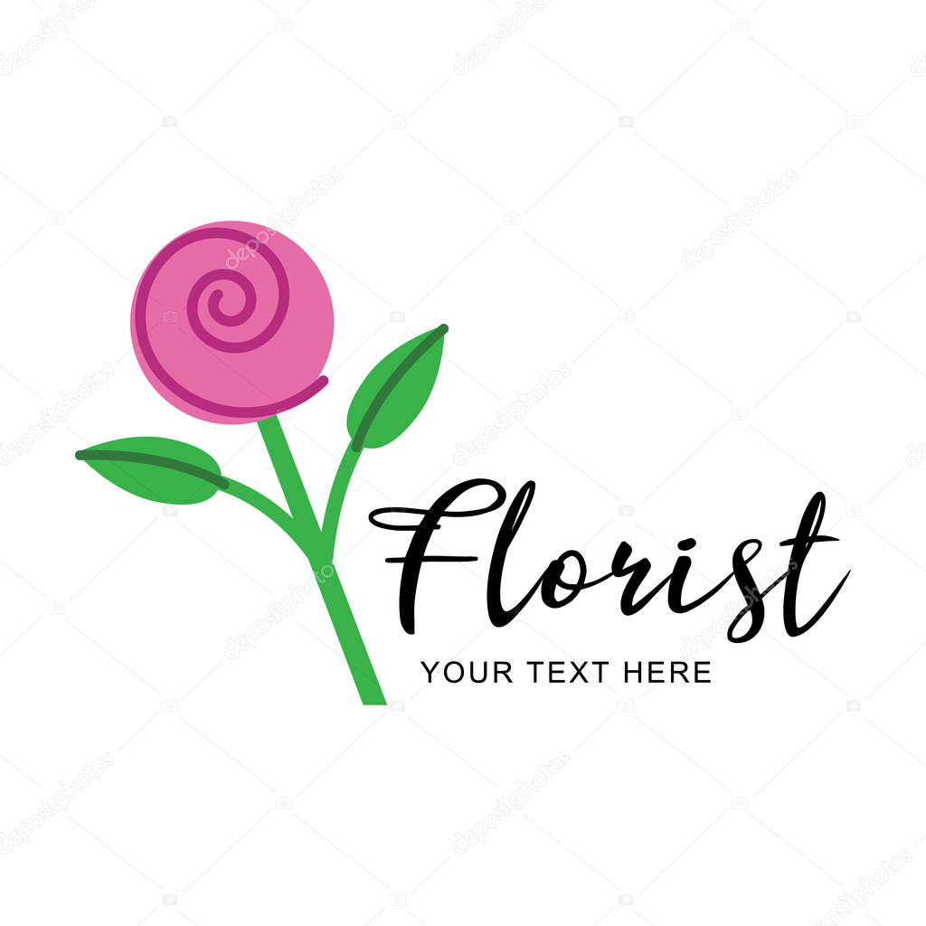 Simple pink flower vector graphic icon, logo with writing Florist. Flower template company logo for garden centre, flower or florist shop.