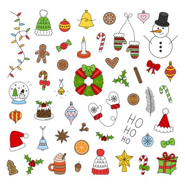 Noel vektör illüstrasyon seti. Sevimli el çizilmiş şenlikli, mevsimlik, tatil koleksiyonu, izole. Xmas renkli simgeler.