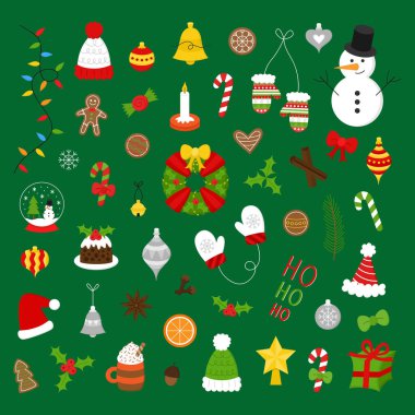 Noel renkli vektör illüstrasyon simgesi ayarlayın. Sevimli xmas şenlikli, tatil, web veya baskı için nesnelerin mevsimsel koleksiyonu, yeşil arka plan üzerinde izole.