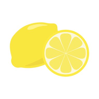 Beyaz arka planda izole gölge ve ışık yansıma Doodle karikatür vektör illüstrasyon ile sarı limon Narenciye meyve. Bütün parça ve dilim.