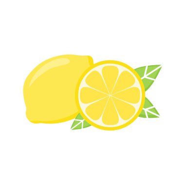 Sarı limon narenciye vektör illüstrasyon. Tüm parça ve yeşil yaprakları ile limon dilim.