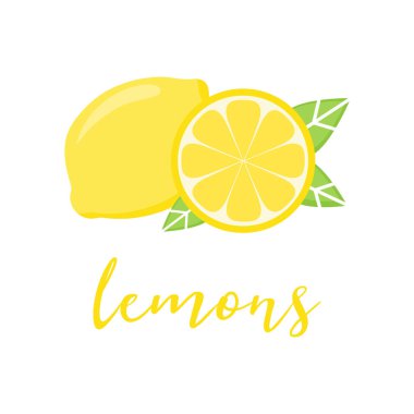 Yazı limon ile sarı limon narenciye vektör illüstrasyon. Tüm parça ve yeşil yaprakları ile limon dilim.