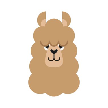 Sevimli basit Lama kafa vektör illüstrasyon. Kahverengi Lama, yüz, kulaklar, burun ve gözler, kabarık Lama hayvan, izole ile alpaka kafa.