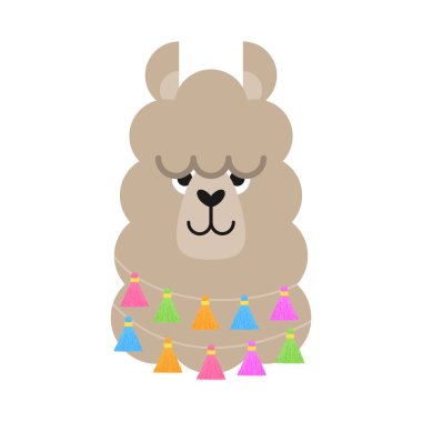 Sevimli basit Lama kafa vektör illüstrasyon. Bej Lama, Alpaka kafa, kulakları, gözleri ve burun ile yüz. Boyun etrafında dize üzerinde renkli saçaklı püskül ile kabarık Lama hayvan, izole.