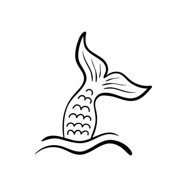 Deniz dalgalarında Mermaid kuyruk, vektör el çizilmiş illüstrasyon, siyah özetlenen Mermaid balık kuyruğu, beyaz arka planda izole.
