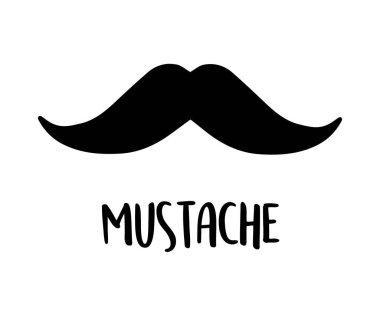 Bıyık vektör illüstrasyon çizimi. Yazı ile beyaz arka planda izole karikatür bıyık simgesi.