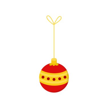 String vektör illüstrasyon simgesine noel bauble asılı. Sarı, altın ve kırmızı renklerde top süsü. Şenlikli geleneksel mevsimlik dekorasyon.