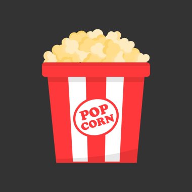 Kırmızı ve beyaz çizgili kağıt kutu patlamış mısır, vektör Illustration. Gri arka planda tuzlu, tereyağı veya peynir sinema snack.