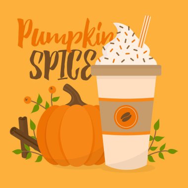 Pumpkin spice vector graphic illustration. Cute autumn, fall background; pumpkin, rowan berry, cup of coffee with whipped cream, sprinkles and striped straw, leaves and cinnamon sticks. clipart