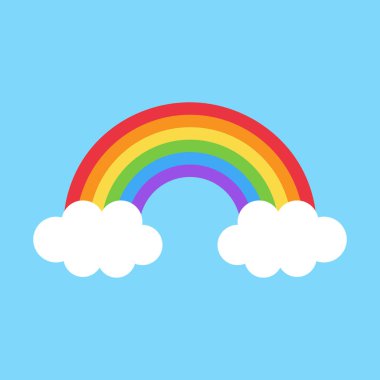 Simple colorful cute rainbow vector illustration. Rainbow with two white clouds on light blue background. clipart