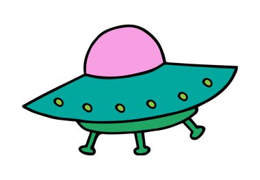 Sevimli renkli UFO, uçan daire vektör illüstrasyon Doodle karikatür çizim. Sticker, yama veya rozet, serin simgesi.