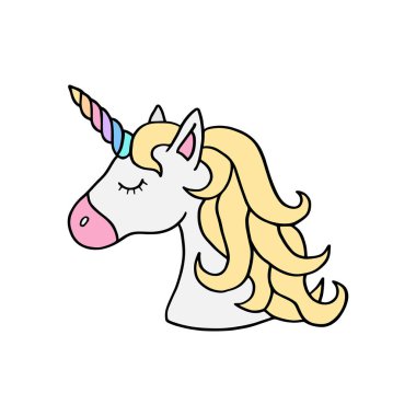 Unicorn vektör çizim çizimi. Gökkuşağı boynuz ve sarı yelesi ile sevimli Unicorn kafası. Beyaz arka planda izole Unicorn karikatür grafik baskı. Renkli gökkuşağı tek boynuzlu at etiketi simgesi.
