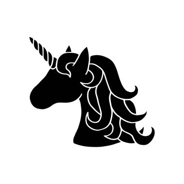 Unicorn 'un siyah silueti. Vektör çizim, beyaz arka planda izole. Unicorn 'un kafasının siyah şekli. Grafik simgesi, baskı veya logo.