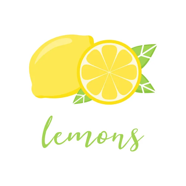 Yazı limon ile sarı limon narenciye vektör illüstrasyon. Tüm parça ve yeşil yaprakları ile limon dilim.