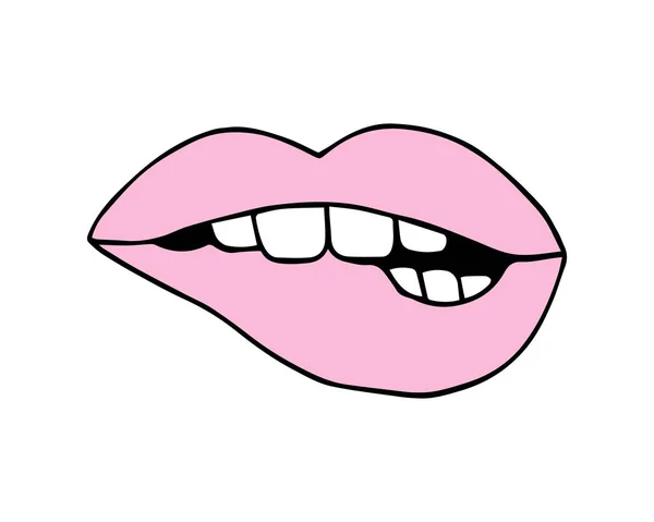 粉红嘴唇咬 矢量插图涂鸦画 隔离在白色背景上 — 图库矢量图片