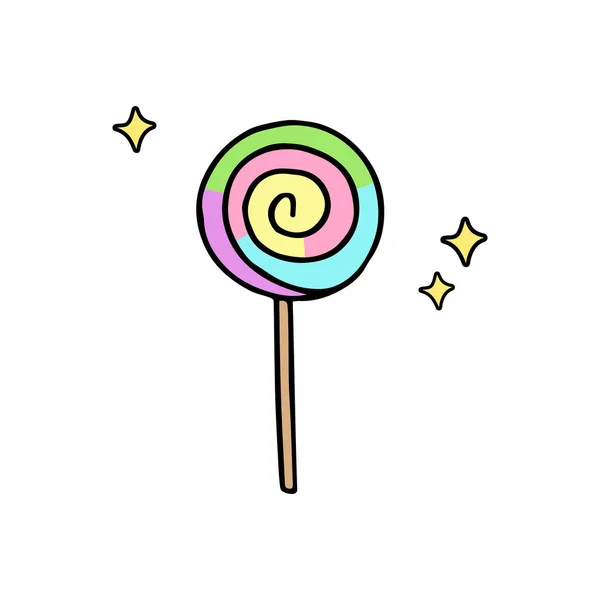 Colorful Rainbow Swirl Lollipop Candy Sweet Lollipop Sparkles Hand Drawn — Stock Vector