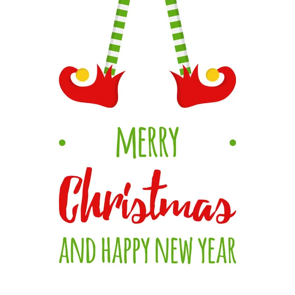 Mutlu Noeller ve mutlu yeni yıl vektör grafik illüstrasyon. Xmas, tatil, elf bacaklar ve jingle çan ile ayakkabı ile şenlikli tebrik kartı üstüne asılı ve aşağıda yazılı. Izole.