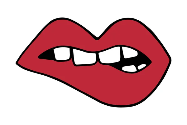 Rode Lippen Bijten Met Tanden Mond Vector Illustratie Doodle Cartoon — Stockvector