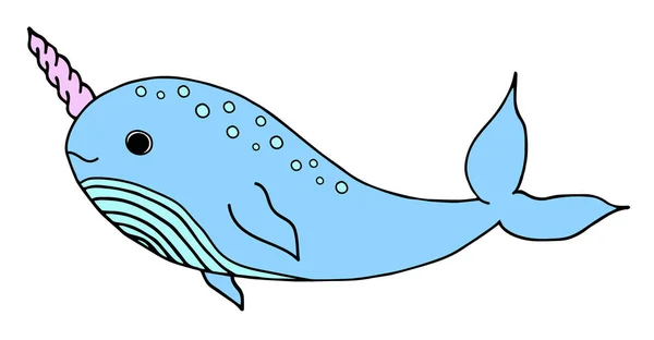 Rozkošný Kreslený Dórský Velryba Kreslený Vektorový Obrázek Modrého Narvala Růžovým — Stockový vektor