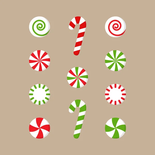 Χριστουγεννιάτικη Συλλογή Από Εικονογράφηση Καραμέλας Μέντας Στρογγυλό Κόκκινο Πράσινο Και — Διανυσματικό Αρχείο