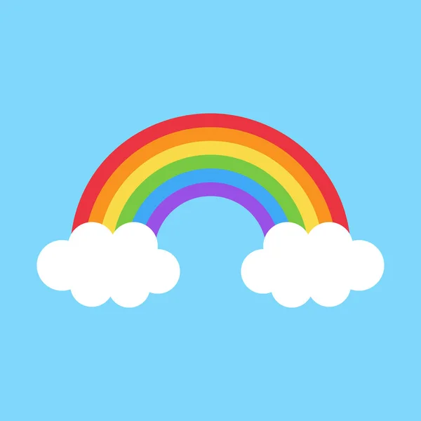 シンプルでカラフルなかわいいレインボーベクターイラスト 水色の背景に白い雲が2つある虹 — ストックベクタ