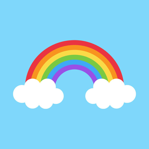 Simple colorful cute rainbow vector illustration. Rainbow with two white clouds on light blue background.