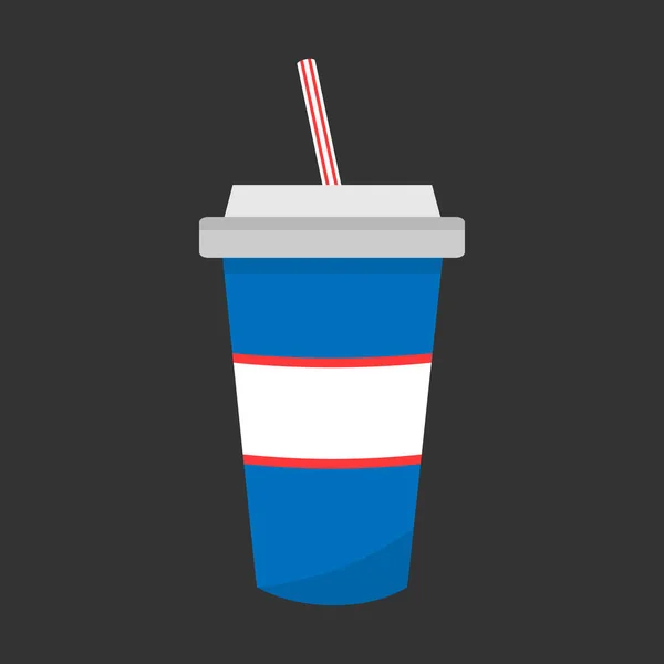 蓝色纸杯与红色和白色条纹秸秆和灰色帽 在灰色背景上的戏院饮料 苏打水或汽水流行 — 图库矢量图片