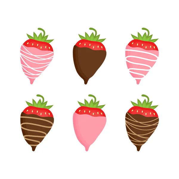 Süße Erdbeeren Mit Schokolade Überzogen Vektorgrafische Illustration Valentinstag Schokoladenfondue Snack — Stockvektor