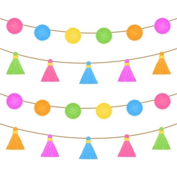 Dize üzerinde renkli pom poms ve püskül. Fringe çelenk, vektör grafik illüstrasyon izole.