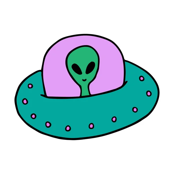 かわいいカラフルな Ufo 中にエイリアンとのフライングソーサーベクトルイラスト落書き漫画の絵 ステッカーパッチやバッジ クールなアイコン — ストックベクタ