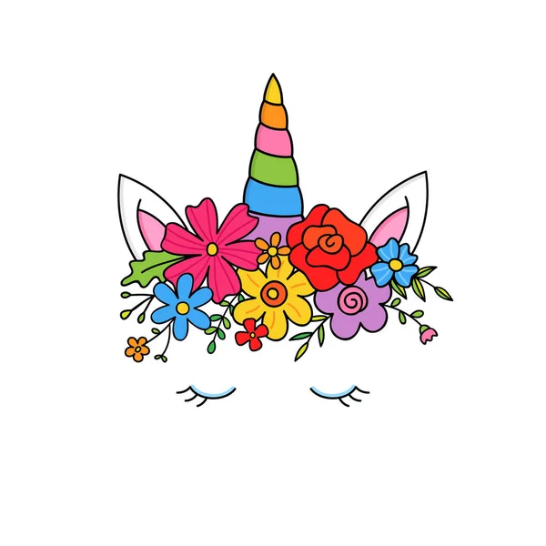 Süße Bunte Einhorn Vektor Handgezeichnete Illustration Mit Blumenkrone Magische Regenbogenhorn — Stockvektor