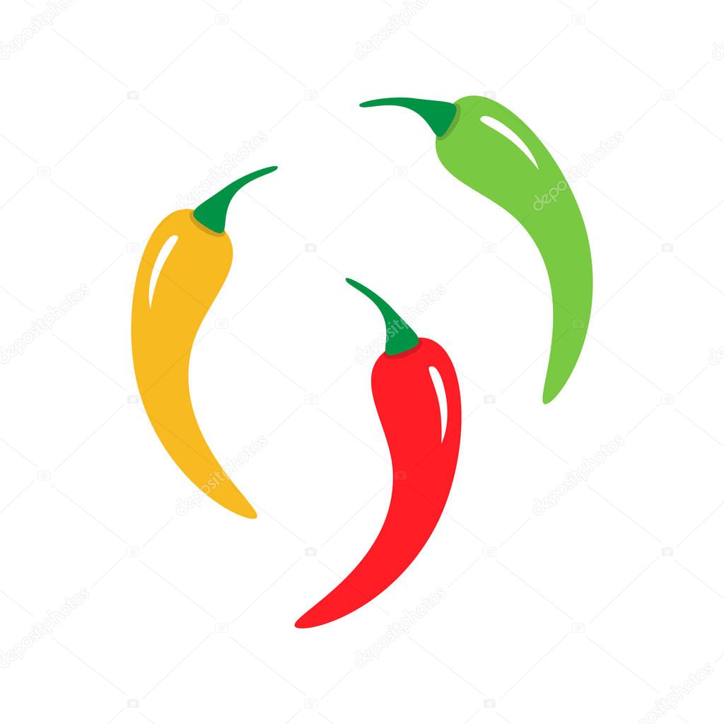 Colorful spicy chilli peppers, red, yellow and green chillies, vector graphic illustration, isolated. Mexican themed Cinco de Mayo holiday, festive chilli peppers.