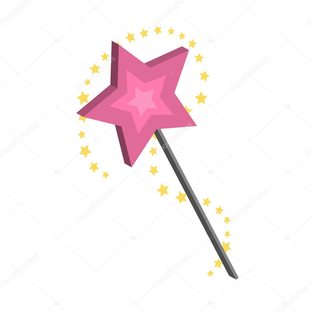 Magic wand vector illustration. Cartoon spatial star magical wand in pink color. Isolated on white background.