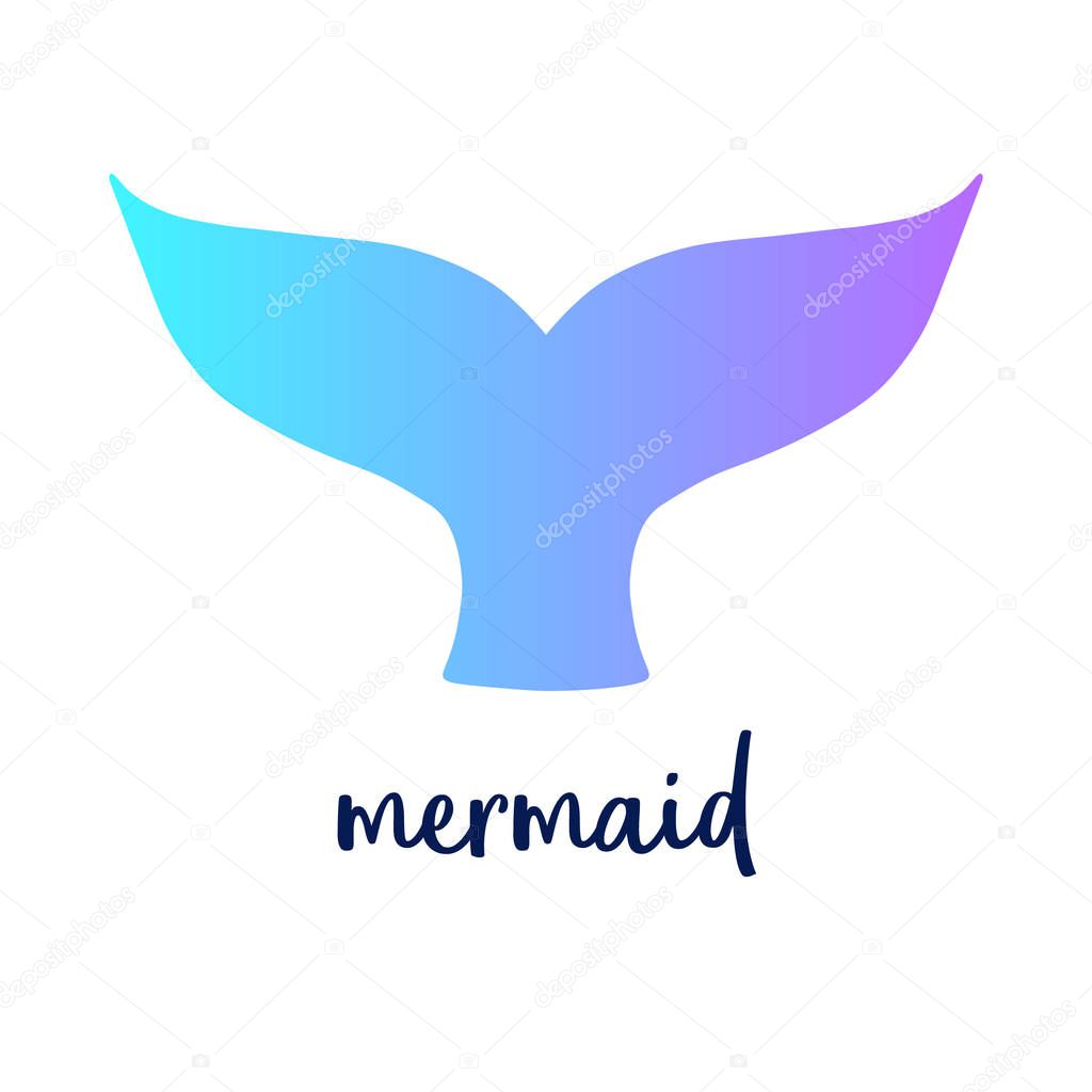 Mermaid colorful tail and writing, vector illustration drawing of mermaid tail in blue and violet colors. Isolated on white background.